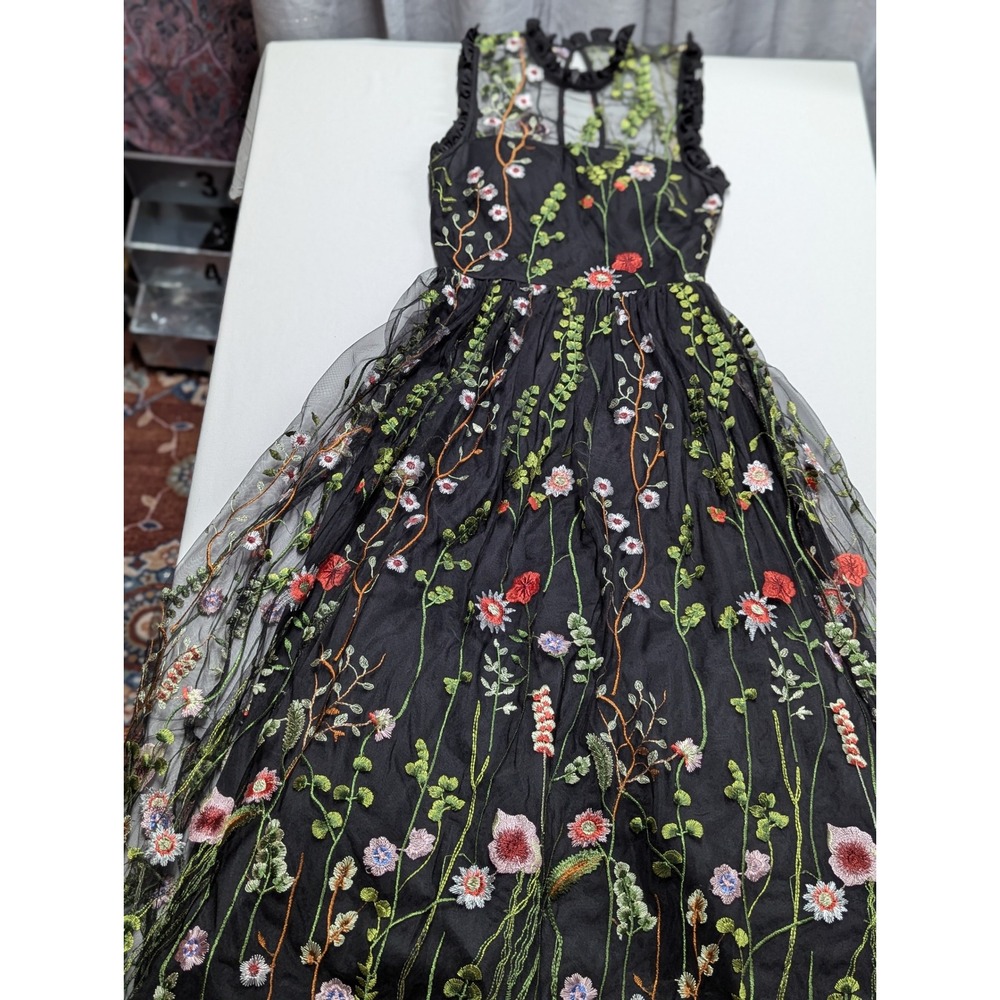 City Studio Black Floral Embroidered Mesh Maxi Dress Gown Ruffle Trim Size 3